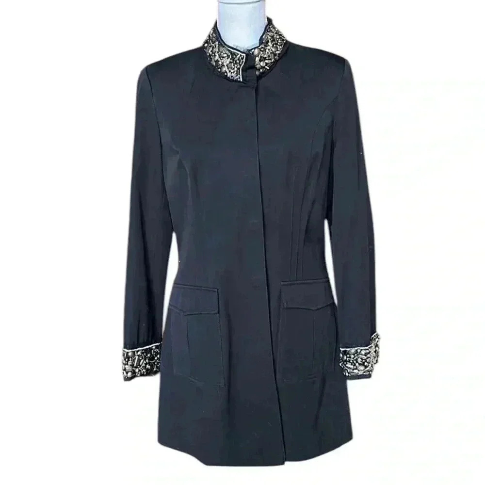 V Christina Vintage black long jacket. Size Large. Snap closure jeweled in gold - Picture 2 of 16